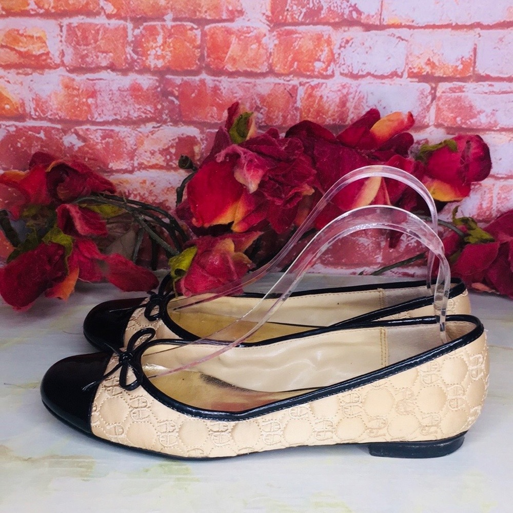 Etienne Aigner Champagne Satin and Black Patent Leather Signature Ballet Flats